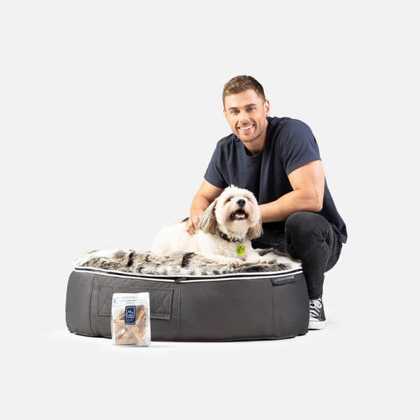 En mand smiler, mens han knæler ved siden af en fluffy hvid og brun hund, der ligger på en plys hundeseng Ambient Lounge seng. En pakke hundegodbidder ligger foran, alt sammen på en almindelig hvid baggrund.