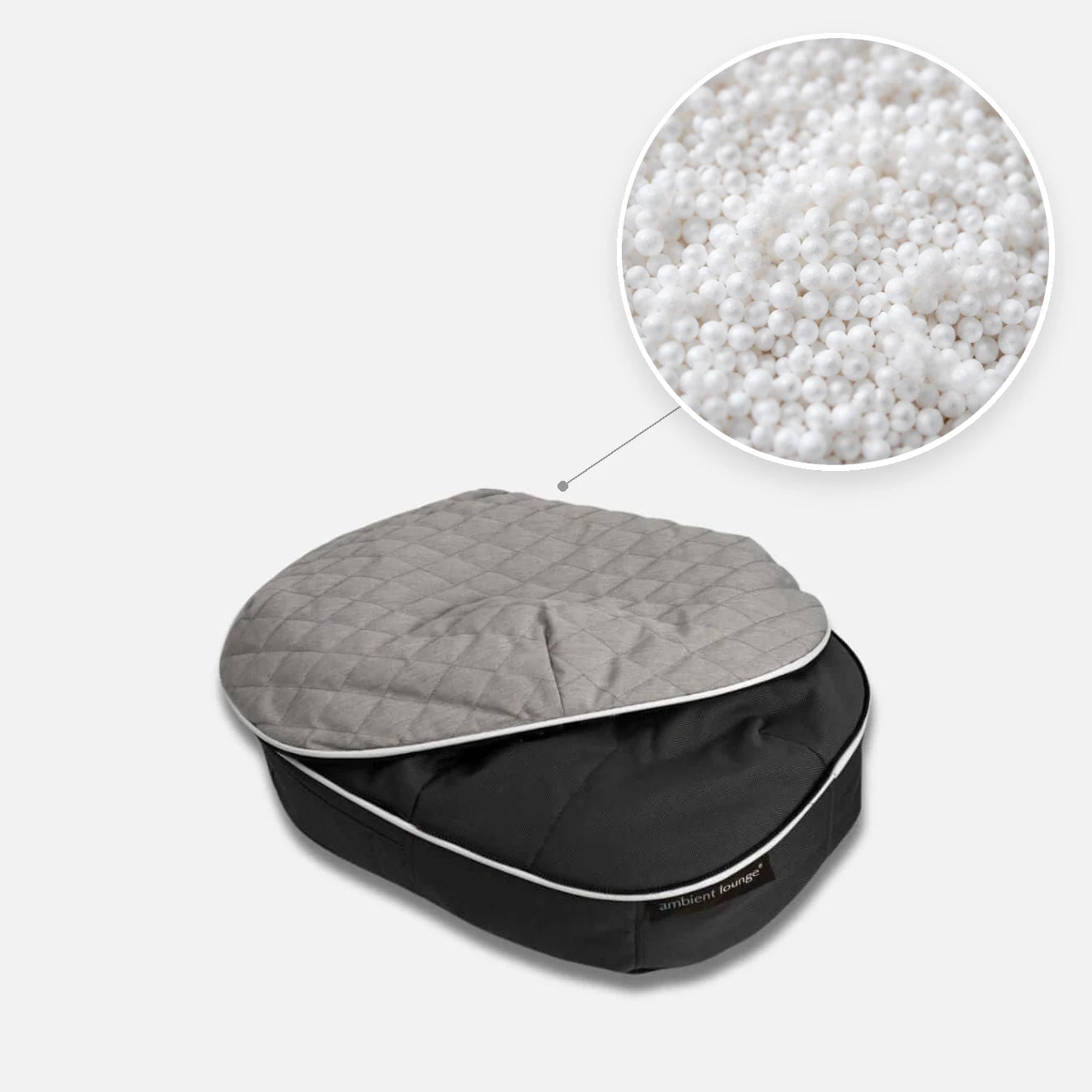 Hundeseng Supernova ThermoQuilt  XL med detalj av perlefyll i sirkel
