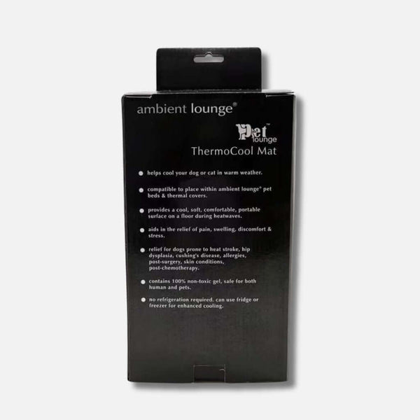 Sort emballage med påskriften ambient lounge ThermoCool Mat, en kjølematte til hund, der køler kæledyr, hjælper med smertelindring, ikke behøver nedkøling og passer perfekt i enhver hundeseng - ideel til både hunde og mennesker.